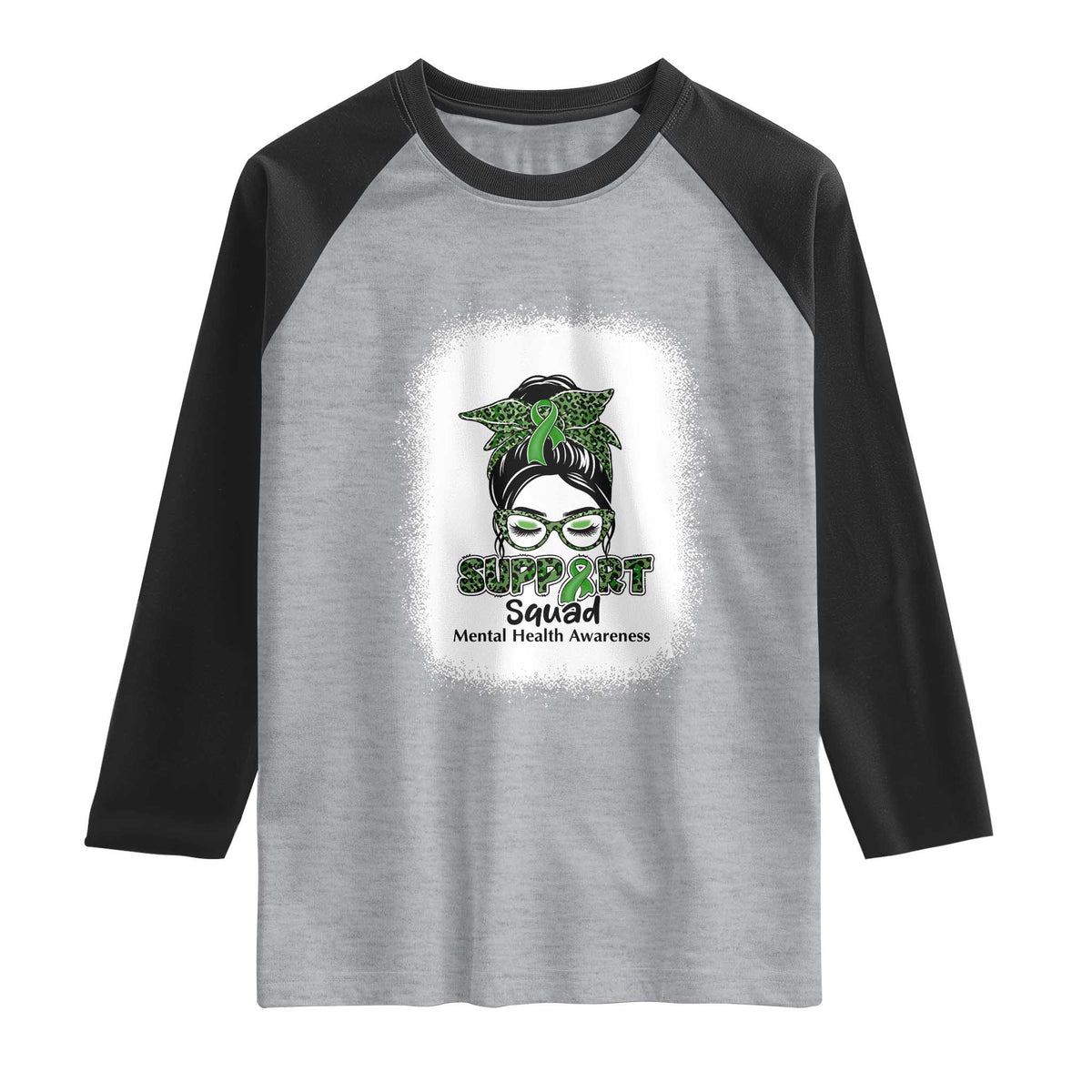 Mental Health Awarenes Raglan Shirt Messy Bun Green Ribbon Support TS14 Heather Gray Black Print Your Wear