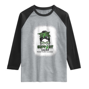 Mental Health Awarenes Raglan Shirt Messy Bun Green Ribbon Support TS14 Heather Gray Black Print Your Wear