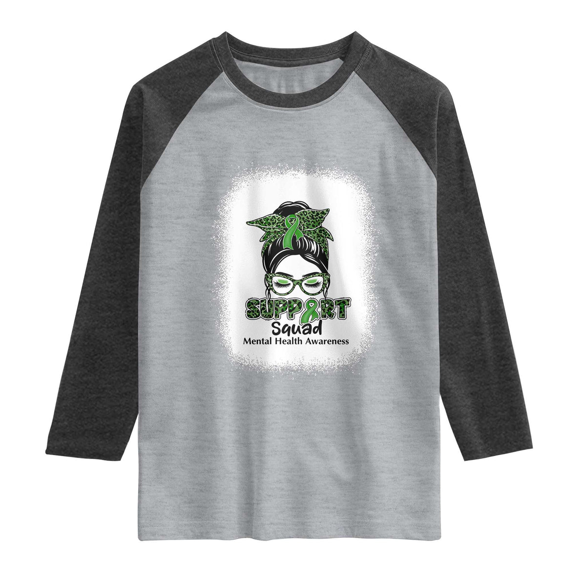 Mental Health Awarenes Raglan Shirt Messy Bun Green Ribbon Support TS14 Heather Gray Heather Charcoal Print Your Wear