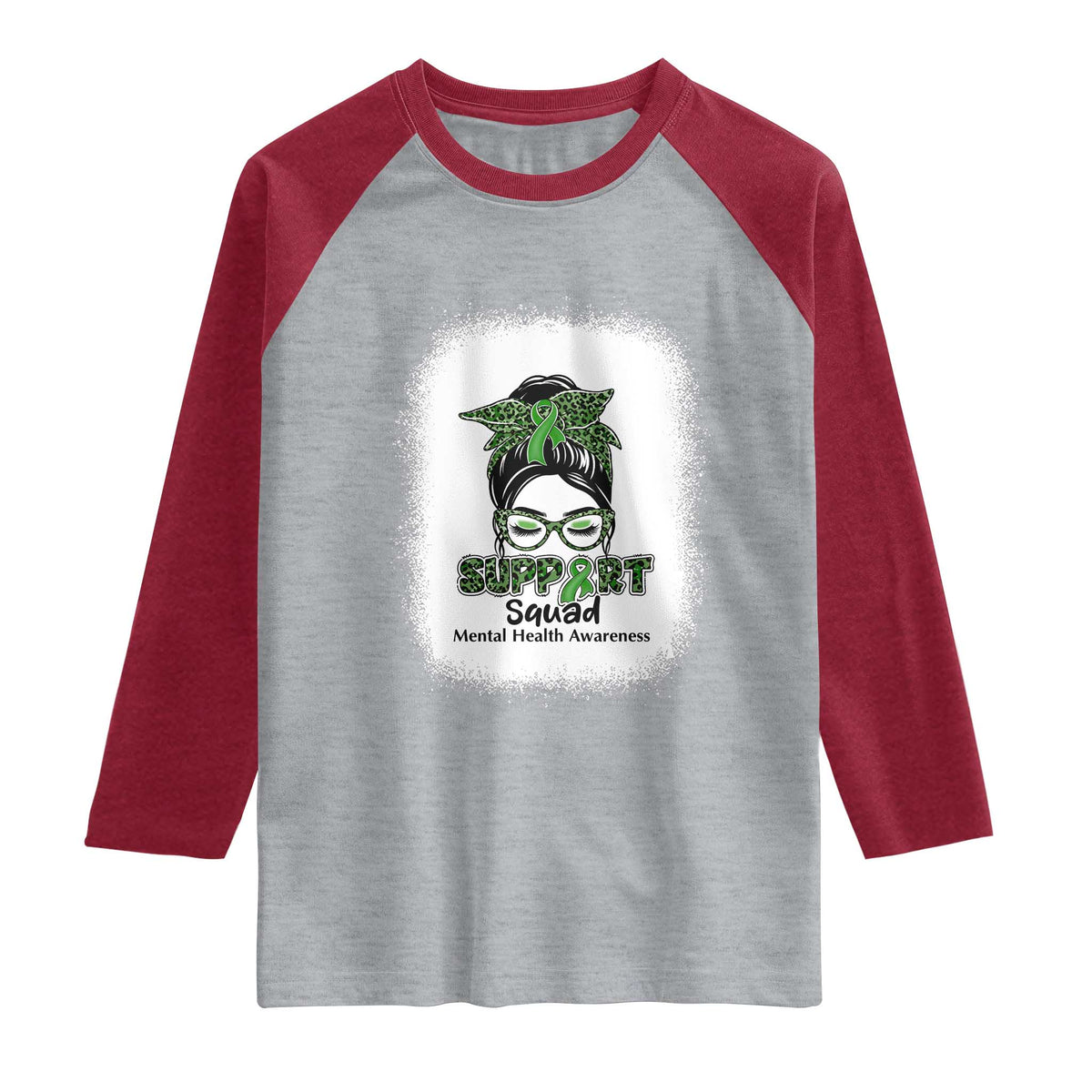 Mental Health Awarenes Raglan Shirt Messy Bun Green Ribbon Support TS14 Heather Gray Heather Red Print Your Wear
