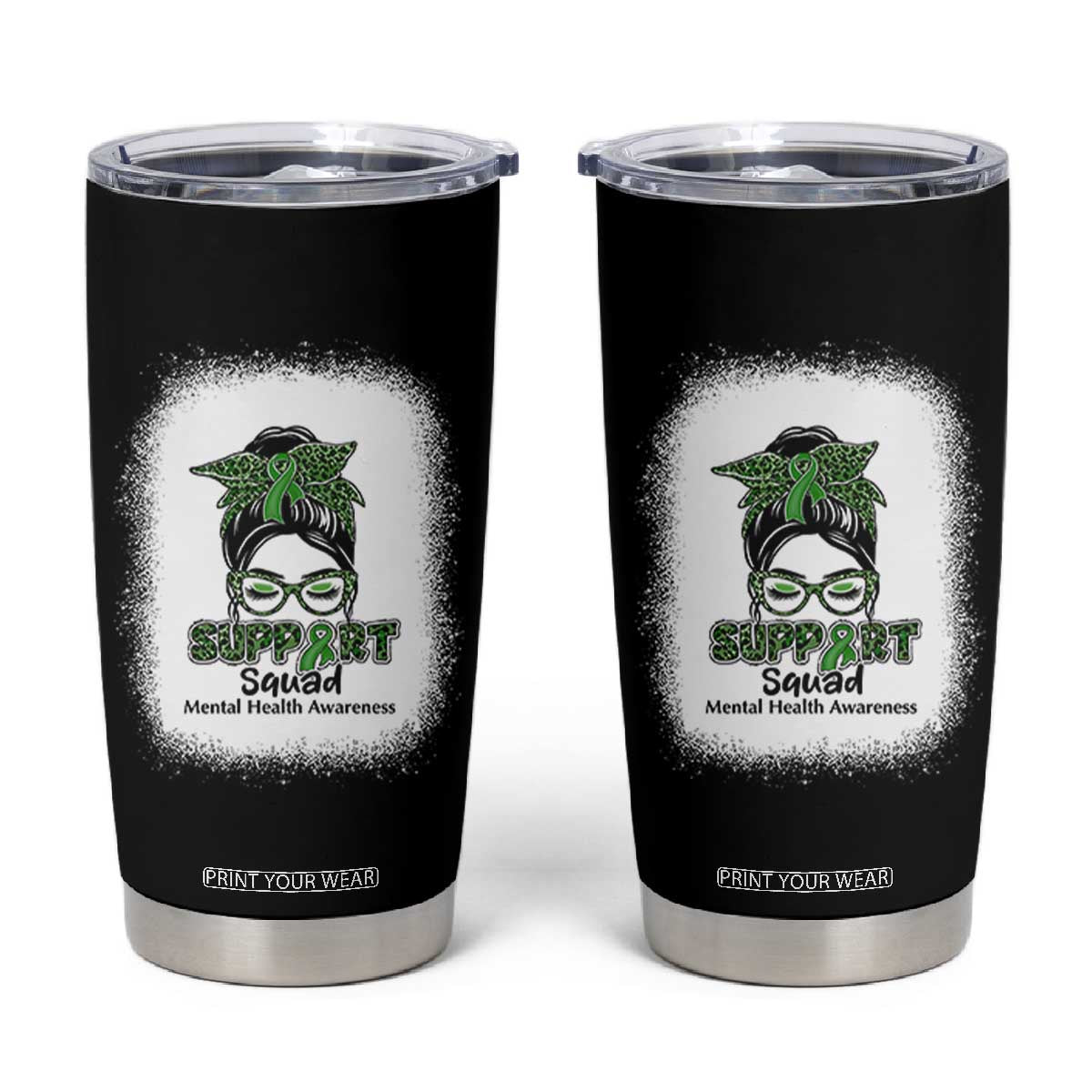 Mental Health Awarenes Tumbler Cup Messy Bun Green Ribbon Support TS14 Black Print Your Wear