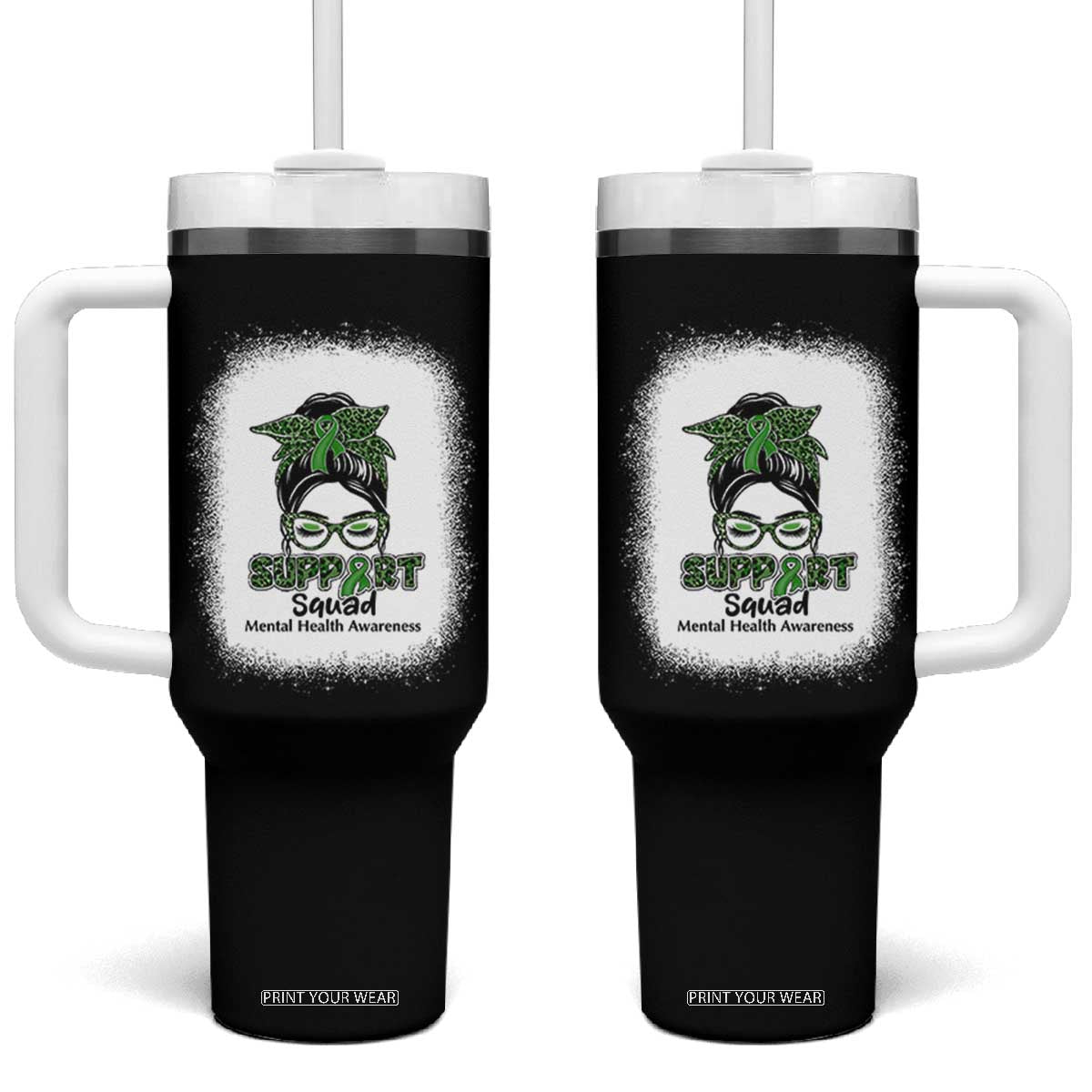 Mental Health Awarenes Tumbler With Handle Messy Bun Green Ribbon Support TS14 One Size: 40 oz Black Print Your Wear