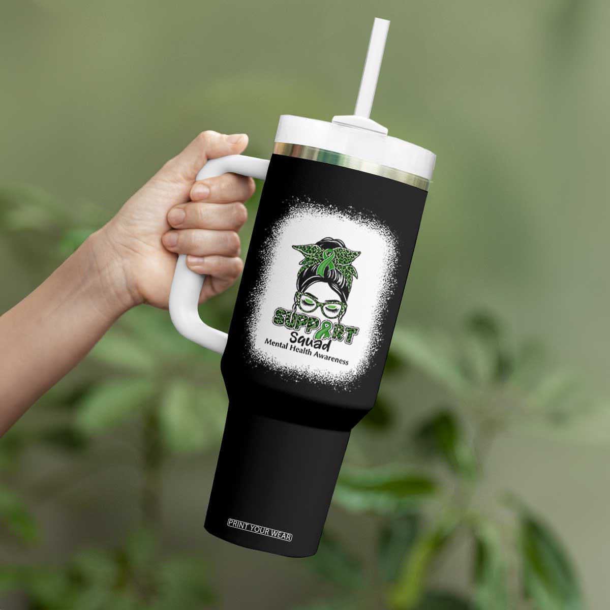Mental Health Awarenes Tumbler With Handle Messy Bun Green Ribbon Support TS14 Print Your Wear