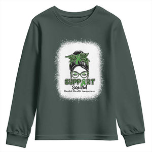 Mental Health Awarenes Youth Sweatshirt Messy Bun Green Ribbon Support TS14 Dark Forest Green Print Your Wear