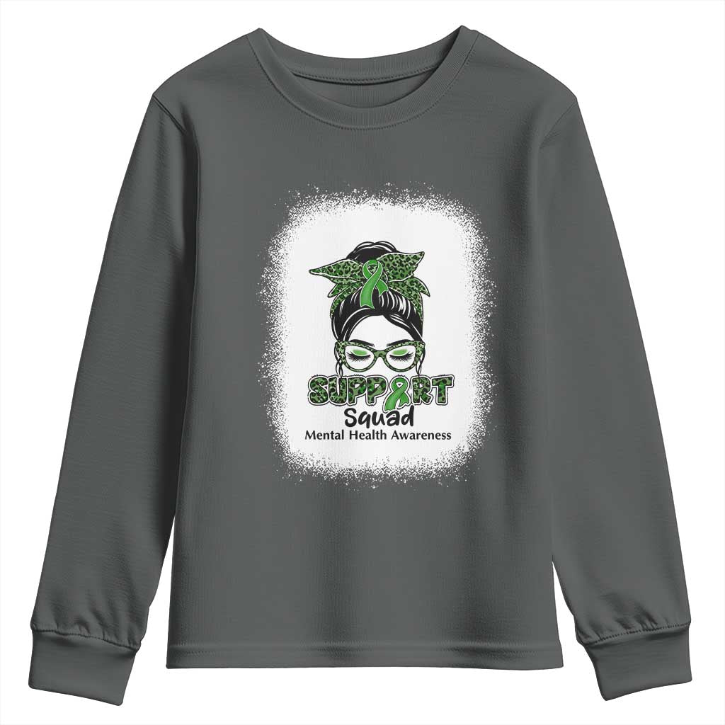 Mental Health Awarenes Youth Sweatshirt Messy Bun Green Ribbon Support TS14 Dark Heather Print Your Wear