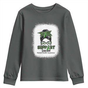 Mental Health Awarenes Youth Sweatshirt Messy Bun Green Ribbon Support TS14 Dark Heather Print Your Wear