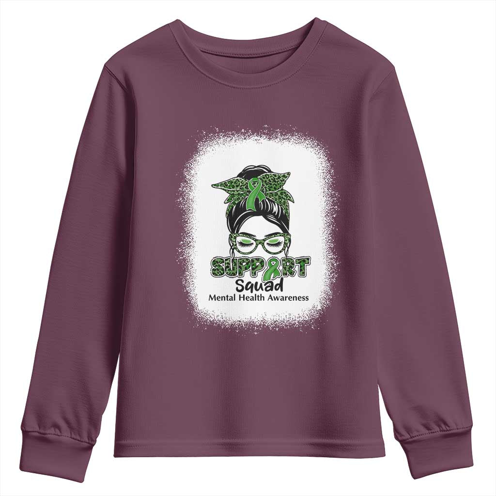 Mental Health Awarenes Youth Sweatshirt Messy Bun Green Ribbon Support TS14 Maroon Print Your Wear