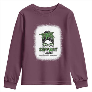 Mental Health Awarenes Youth Sweatshirt Messy Bun Green Ribbon Support TS14 Maroon Print Your Wear