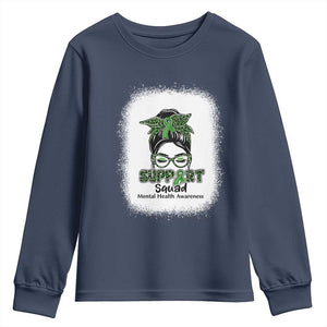 Mental Health Awarenes Youth Sweatshirt Messy Bun Green Ribbon Support TS14 Navy Print Your Wear