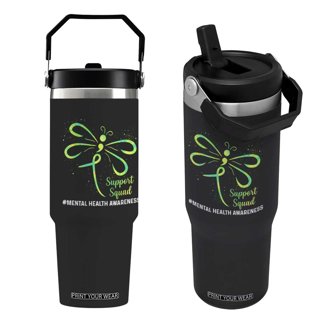 Mental Health Awarenes Flip Straw Tumbler Support Squad Green Ribbon TS14 One Size: 30 oz Black Print Your Wear