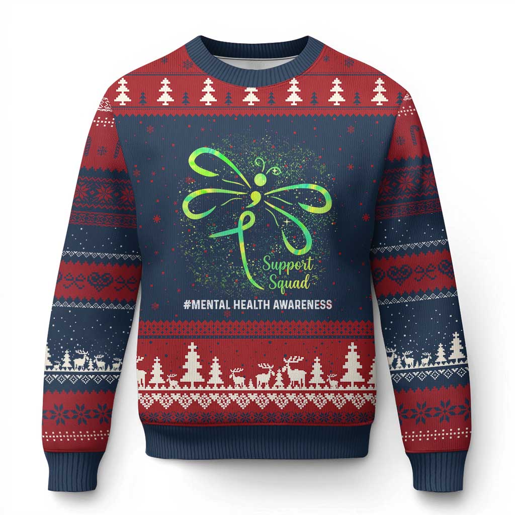Mental Health Awarenes Ugly Christmas Sweater Support Squad Green Ribbon TS14 Navy Red Print Your Wear