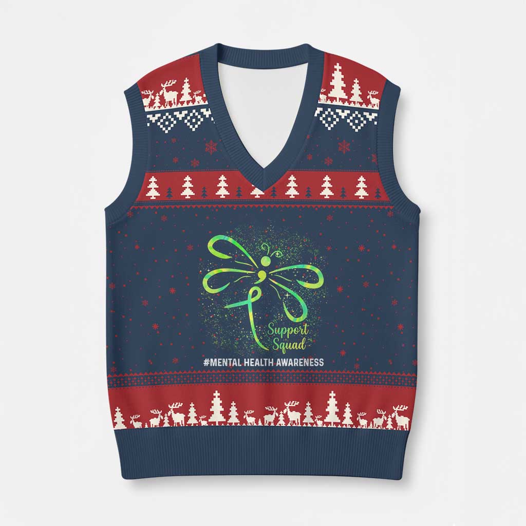 Mental Health Awarenes V-Neck Knit Sweater Vest Support Squad Green Ribbon TS14 Navy Red Print Your Wear