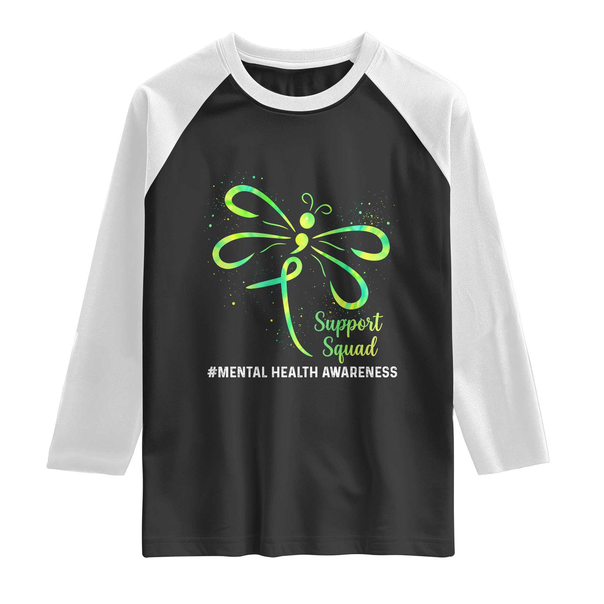 Mental Health Awarenes Raglan Shirt Support Squad Green Ribbon TS14 Black White Print Your Wear