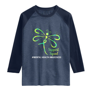Mental Health Awarenes Raglan Shirt Support Squad Green Ribbon TS14 Heather Denim Navy Print Your Wear