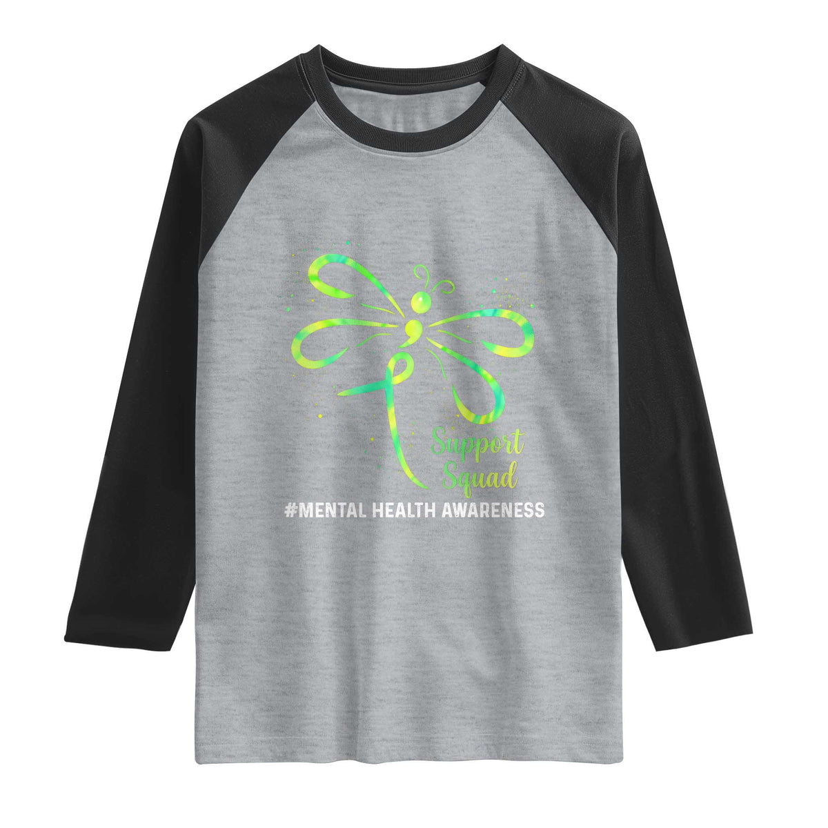 Mental Health Awarenes Raglan Shirt Support Squad Green Ribbon TS14 Heather Gray Black Print Your Wear