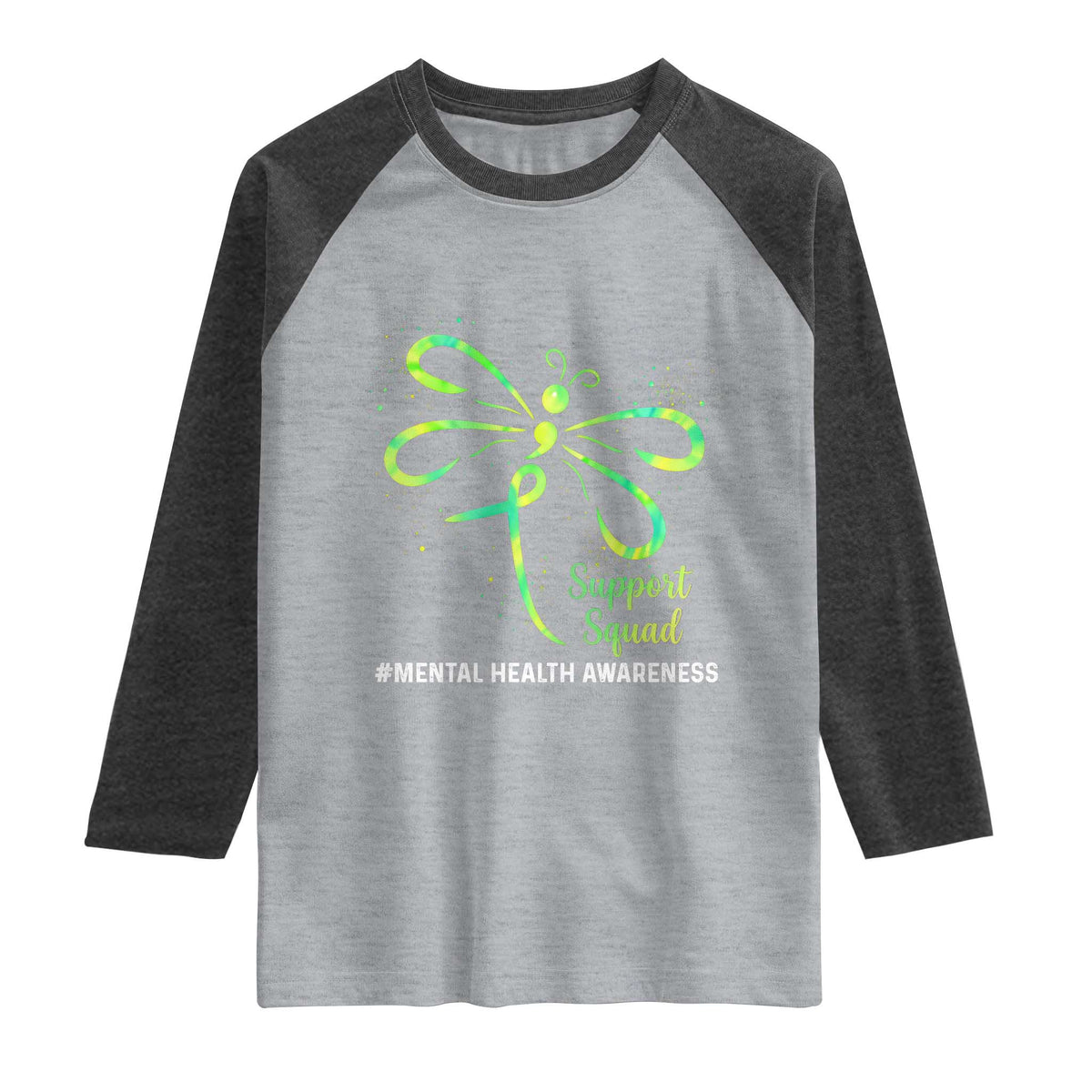 Mental Health Awarenes Raglan Shirt Support Squad Green Ribbon TS14 Heather Gray Heather Charcoal Print Your Wear