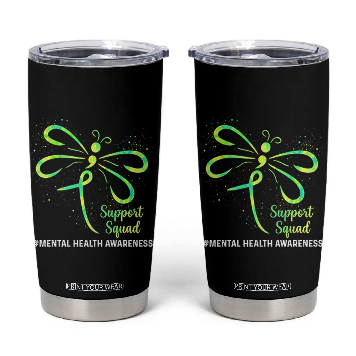 Mental Health Awarenes Tumbler Cup Support Squad Green Ribbon TS14 Black Print Your Wear
