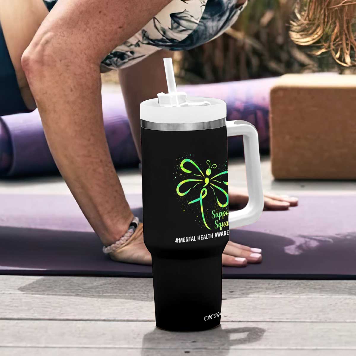 Mental Health Awarenes Tumbler With Handle Support Squad Green Ribbon TS14 Print Your Wear