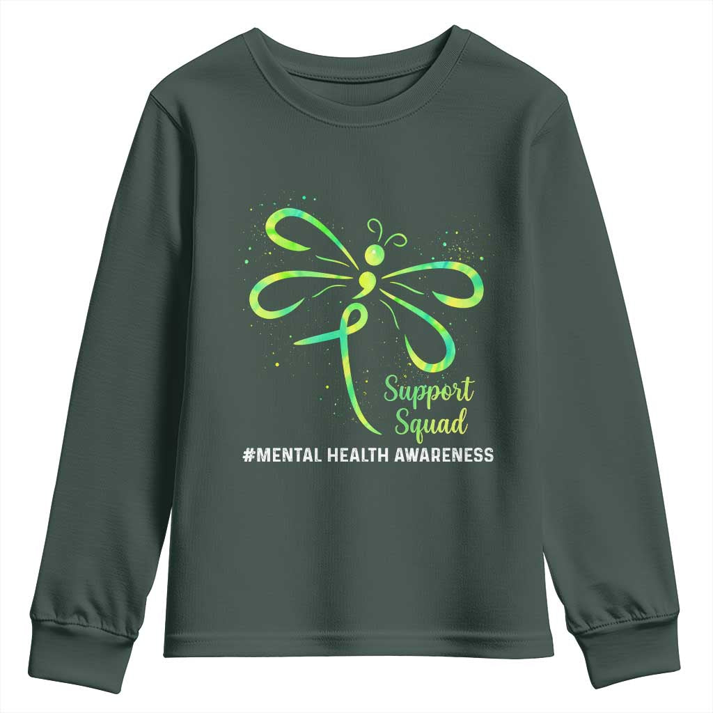 Mental Health Awarenes Youth Sweatshirt Support Squad Green Ribbon TS14 Dark Forest Green Print Your Wear