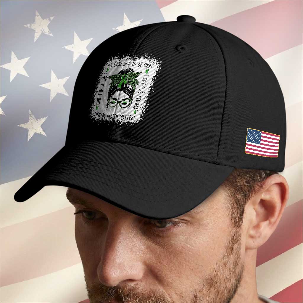 Mental Health Matters Baseball Cap Messy Bun Green Ribbon Support TS14 Print Your Wear