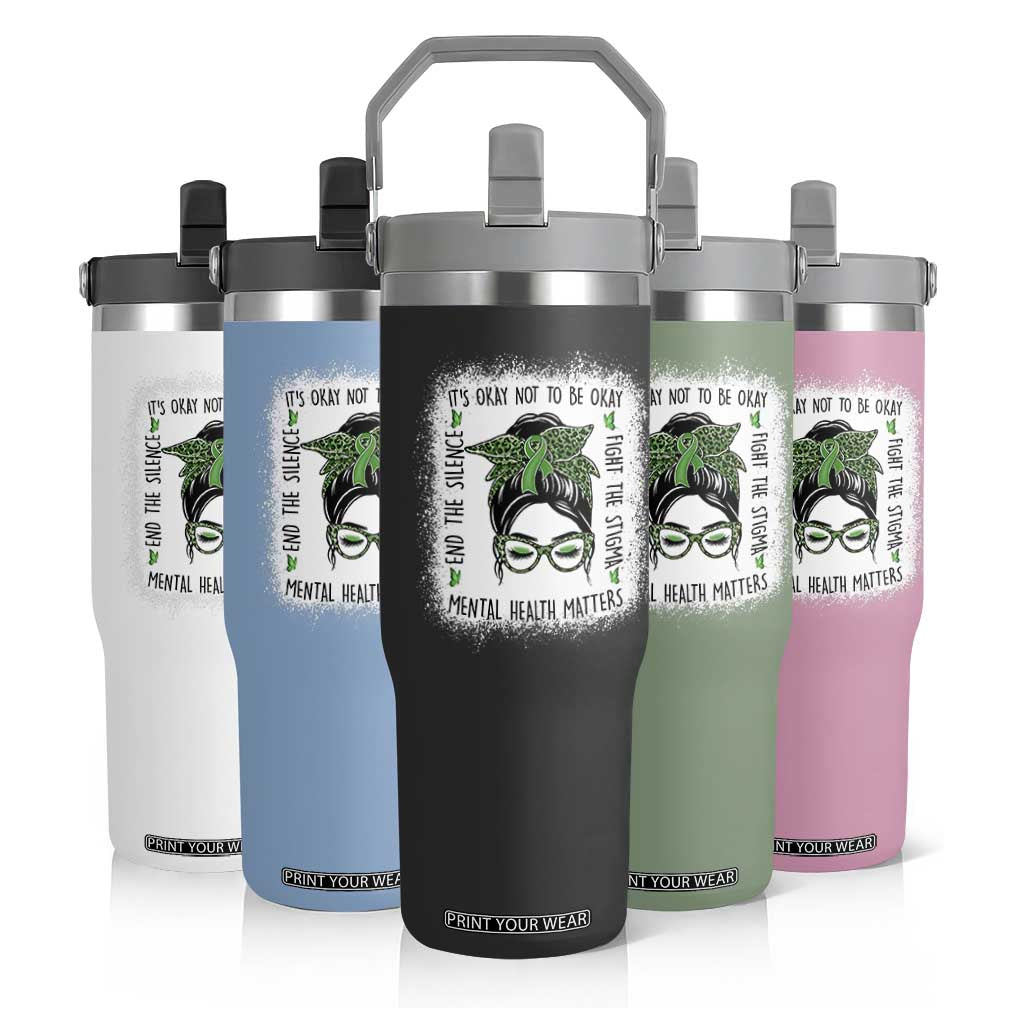 Mental Health Matters Flip Straw Tumbler Messy Bun Green Ribbon Support TS14 Print Your Wear