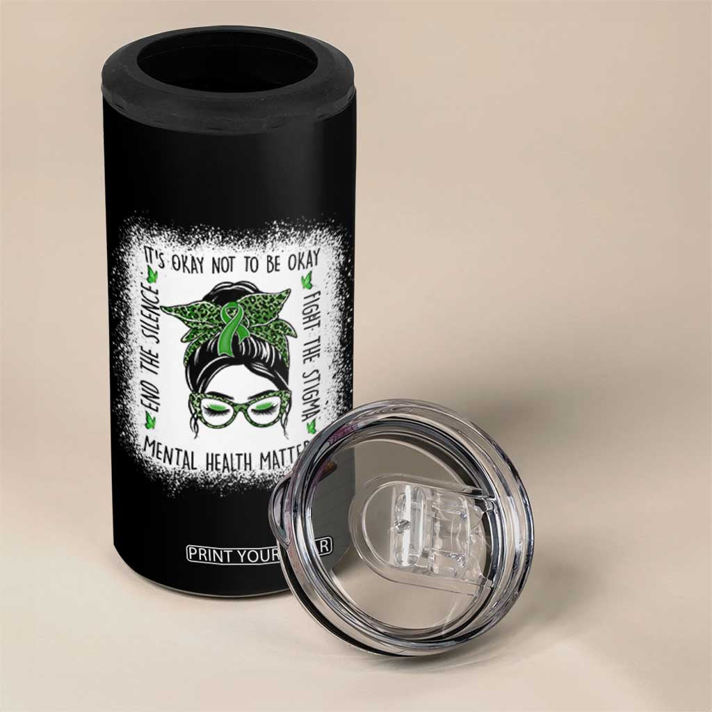 Mental Health Matters 4 in 1 Can Cooler Tumbler Messy Bun Green Ribbon Support TS14 Print Your Wear