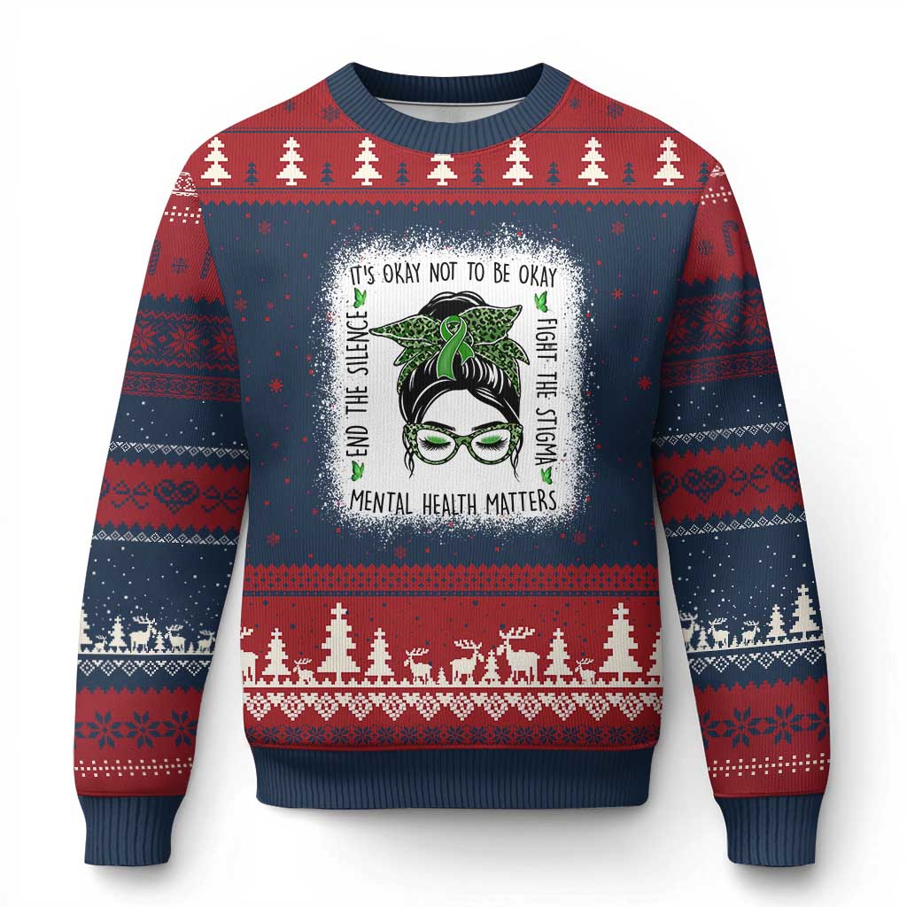 Mental Health Matters Ugly Christmas Sweater Messy Bun Green Ribbon Support TS14 Navy Red Print Your Wear