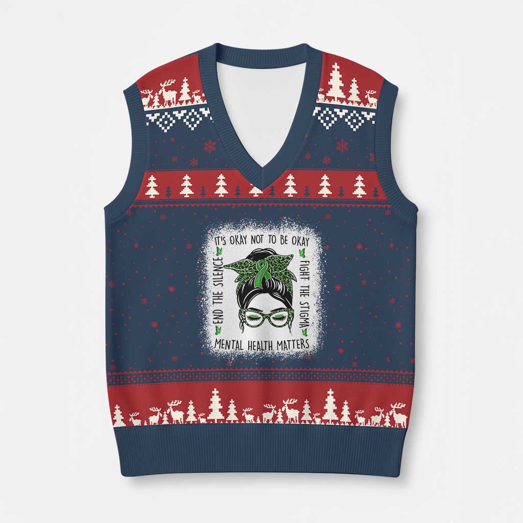Mental Health Matters V-Neck Knit Sweater Vest Messy Bun Green Ribbon Support TS14 Navy Red Print Your Wear