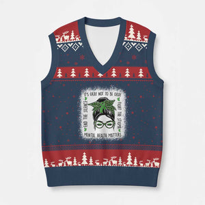Mental Health Matters V-Neck Knit Sweater Vest Messy Bun Green Ribbon Support TS14 Navy Red Print Your Wear