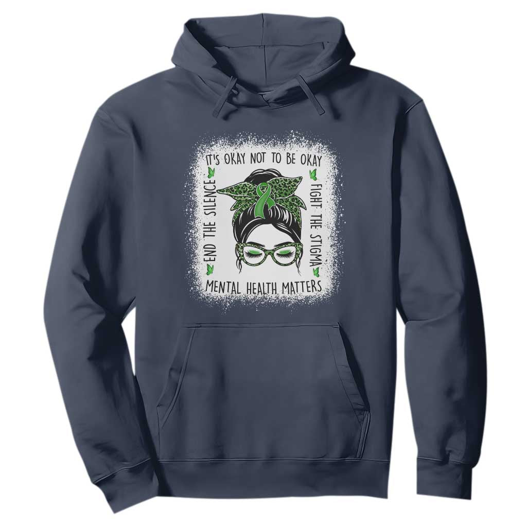 Mental Health Matters Hoodie Messy Bun Green Ribbon Support TS14 Navy Print Your Wear