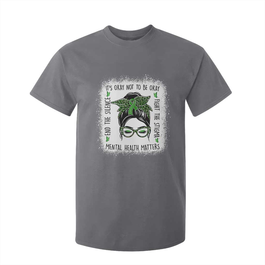 Mental Health Matters T Shirt For Kid Messy Bun Green Ribbon Support TS14 Charcoal Print Your Wear