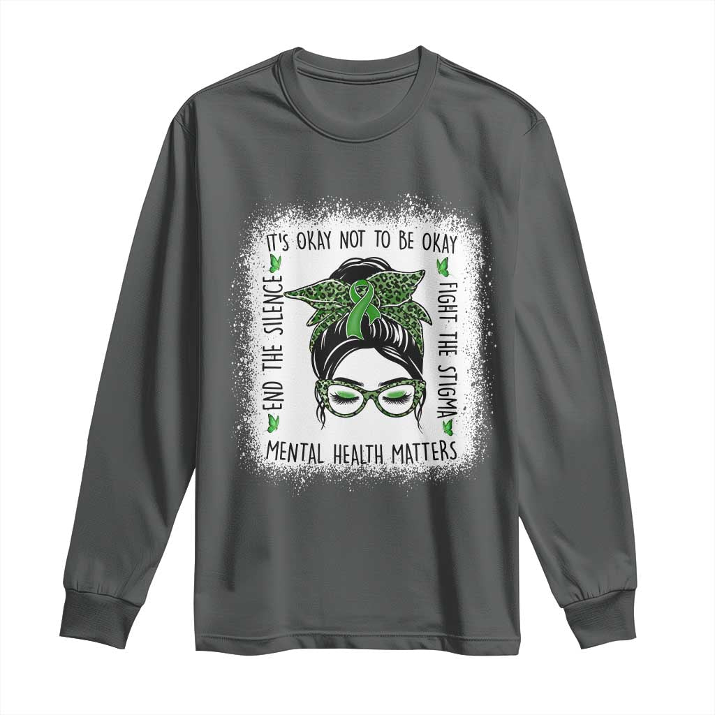 Mental Health Matters Long Sleeve Shirt Messy Bun Green Ribbon Support TS14 Dark Heather Print Your Wear