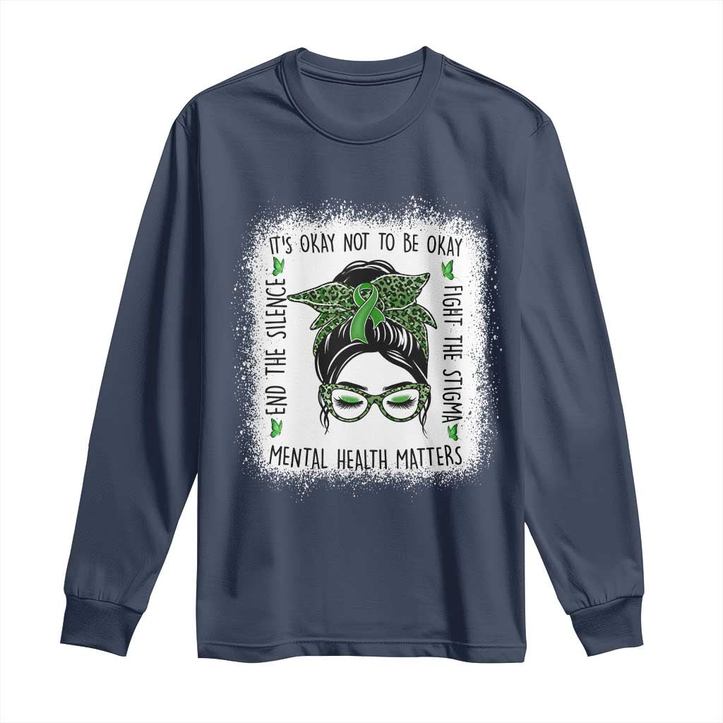 Mental Health Matters Long Sleeve Shirt Messy Bun Green Ribbon Support TS14 Navy Print Your Wear