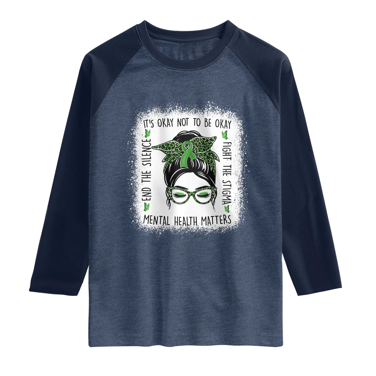 Mental Health Matters Raglan Shirt Messy Bun Green Ribbon Support TS14 Heather Denim Navy Print Your Wear