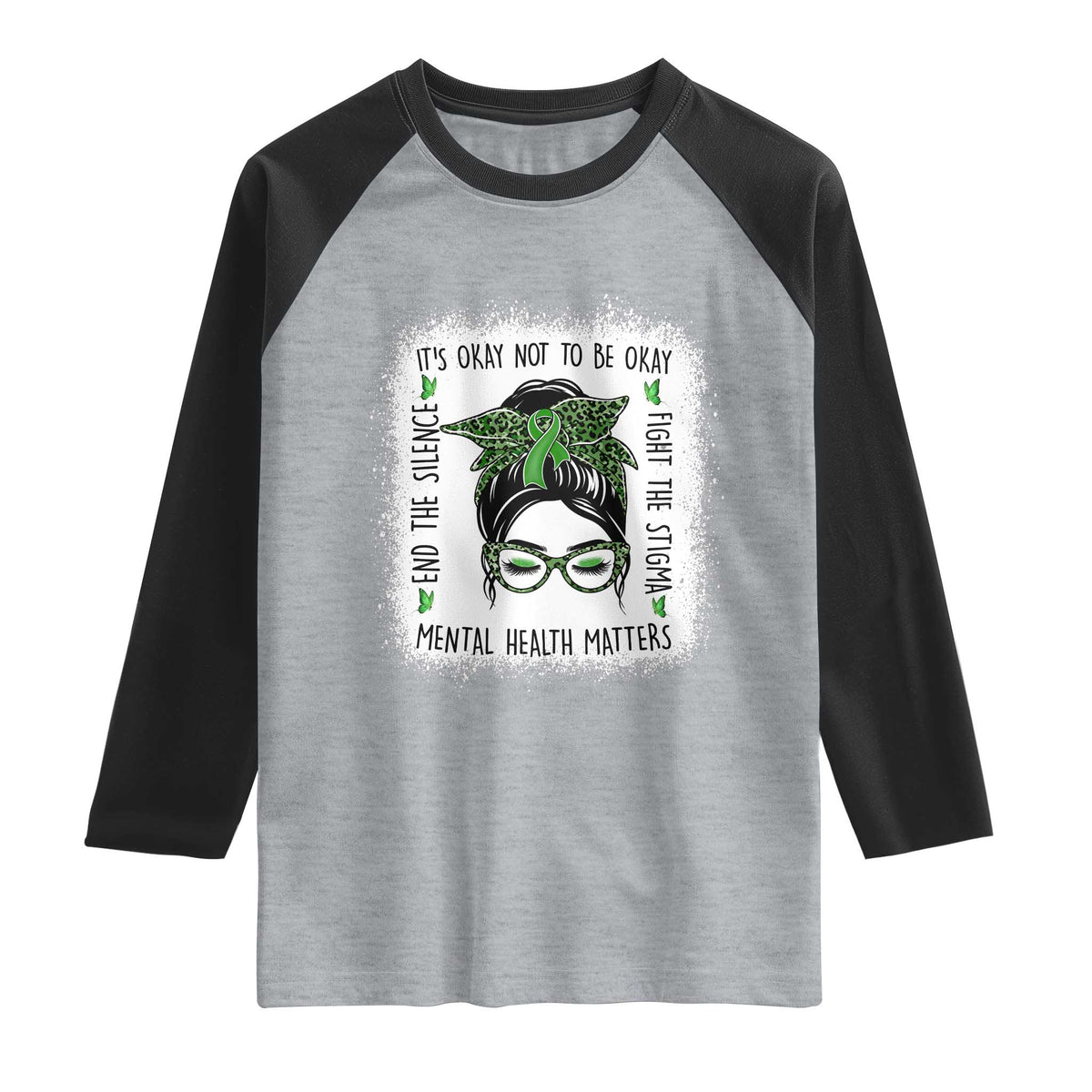 Mental Health Matters Raglan Shirt Messy Bun Green Ribbon Support TS14 Heather Gray Black Print Your Wear