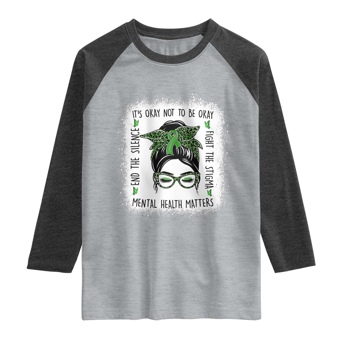 Mental Health Matters Raglan Shirt Messy Bun Green Ribbon Support TS14 Heather Gray Heather Charcoal Print Your Wear