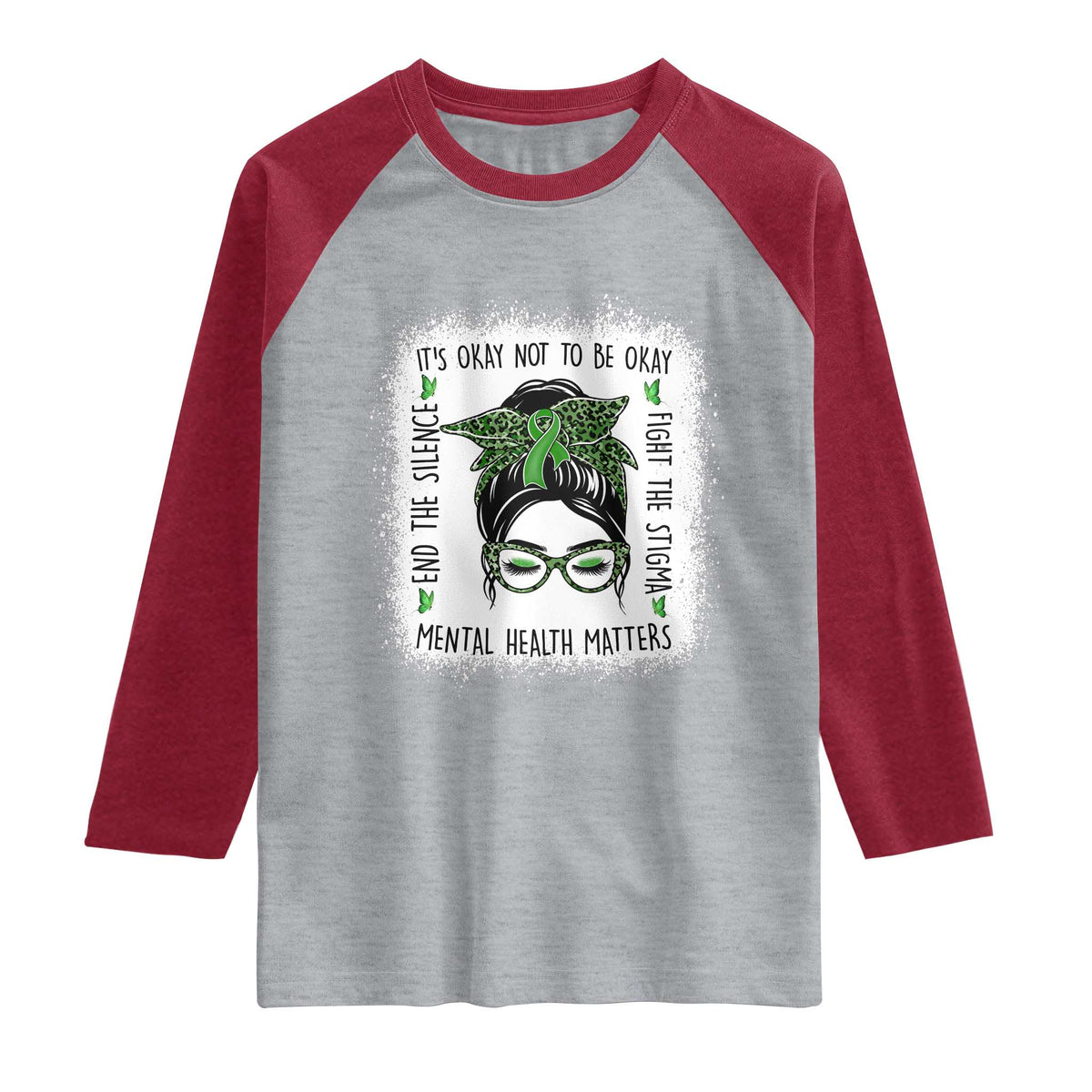 Mental Health Matters Raglan Shirt Messy Bun Green Ribbon Support TS14 Heather Gray Heather Red Print Your Wear
