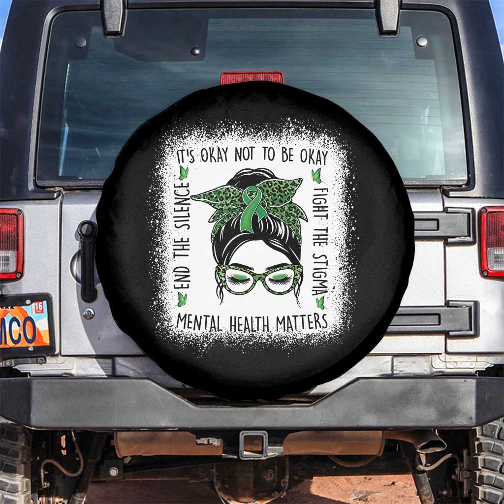Mental Health Matters Spare Tire Cover Messy Bun Green Ribbon Support TS14 No hole Black Print Your Wear