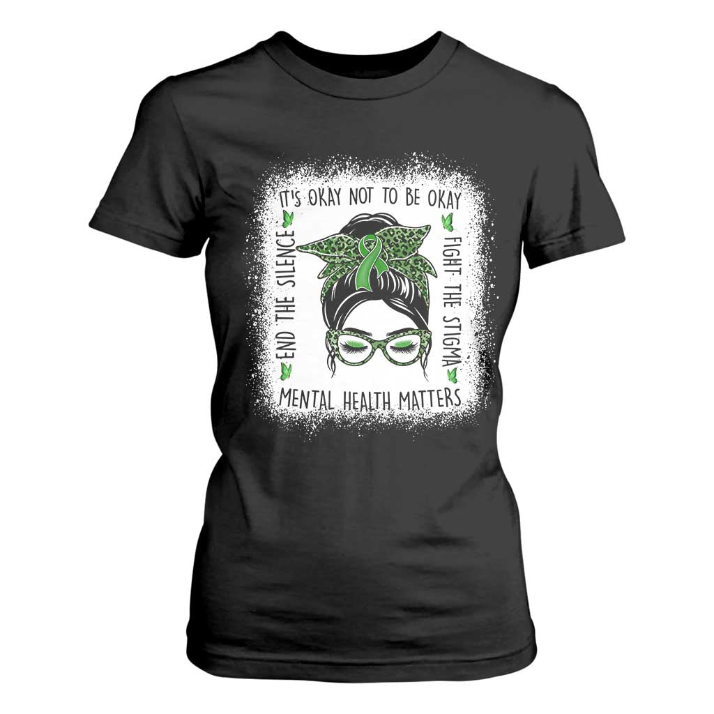 Mental Health Matters T Shirt For Women Messy Bun Green Ribbon Support TS14 Black Print Your Wear