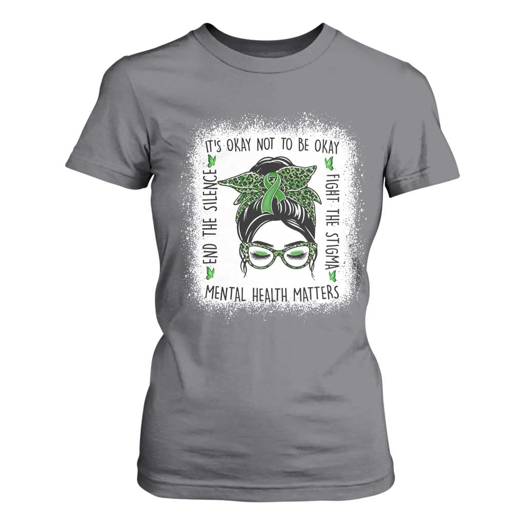 Mental Health Matters T Shirt For Women Messy Bun Green Ribbon Support TS14 Charcoal Print Your Wear