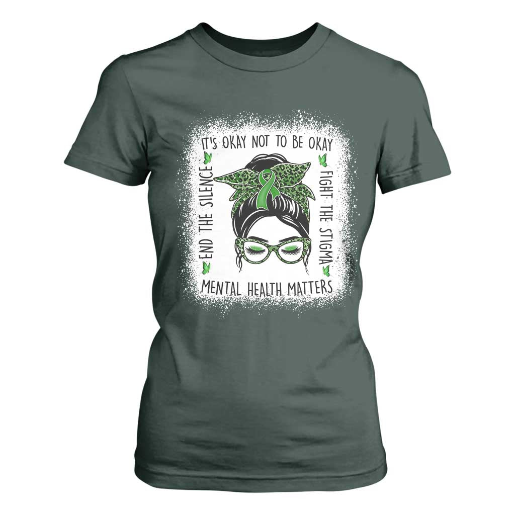 Mental Health Matters T Shirt For Women Messy Bun Green Ribbon Support TS14 Dark Forest Green Print Your Wear