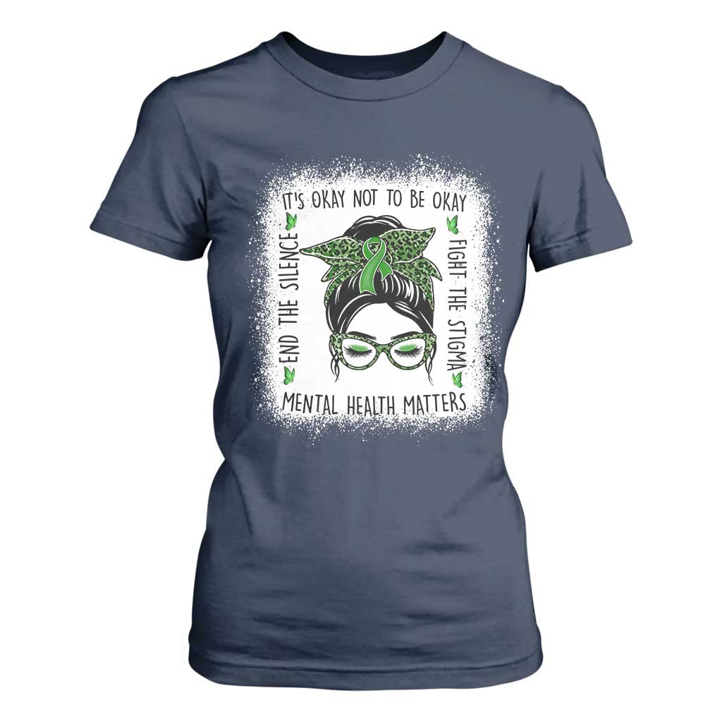Mental Health Matters T Shirt For Women Messy Bun Green Ribbon Support TS14 Navy Print Your Wear