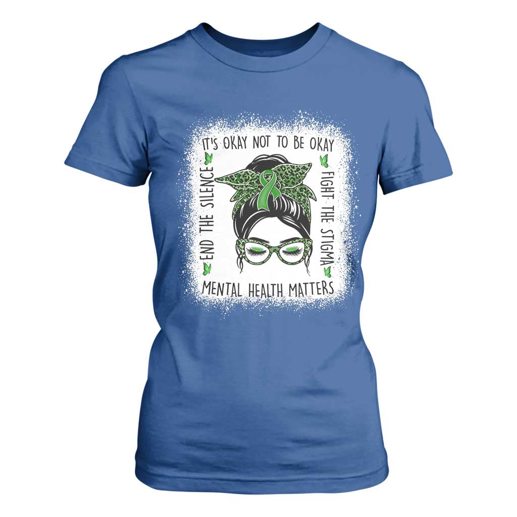Mental Health Matters T Shirt For Women Messy Bun Green Ribbon Support TS14 Royal Blue Print Your Wear