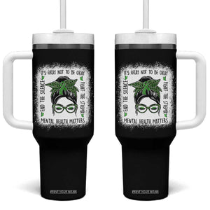 Mental Health Matters Tumbler With Handle Messy Bun Green Ribbon Support TS14 One Size: 40 oz Black Print Your Wear