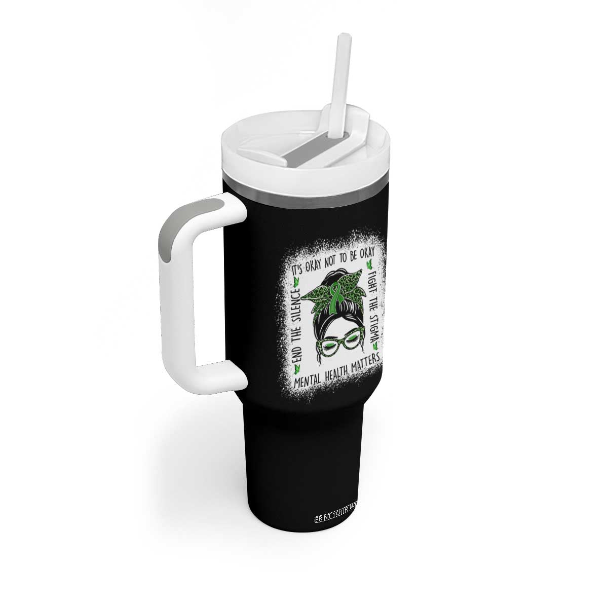 Mental Health Matters Tumbler With Handle Messy Bun Green Ribbon Support TS14 Print Your Wear