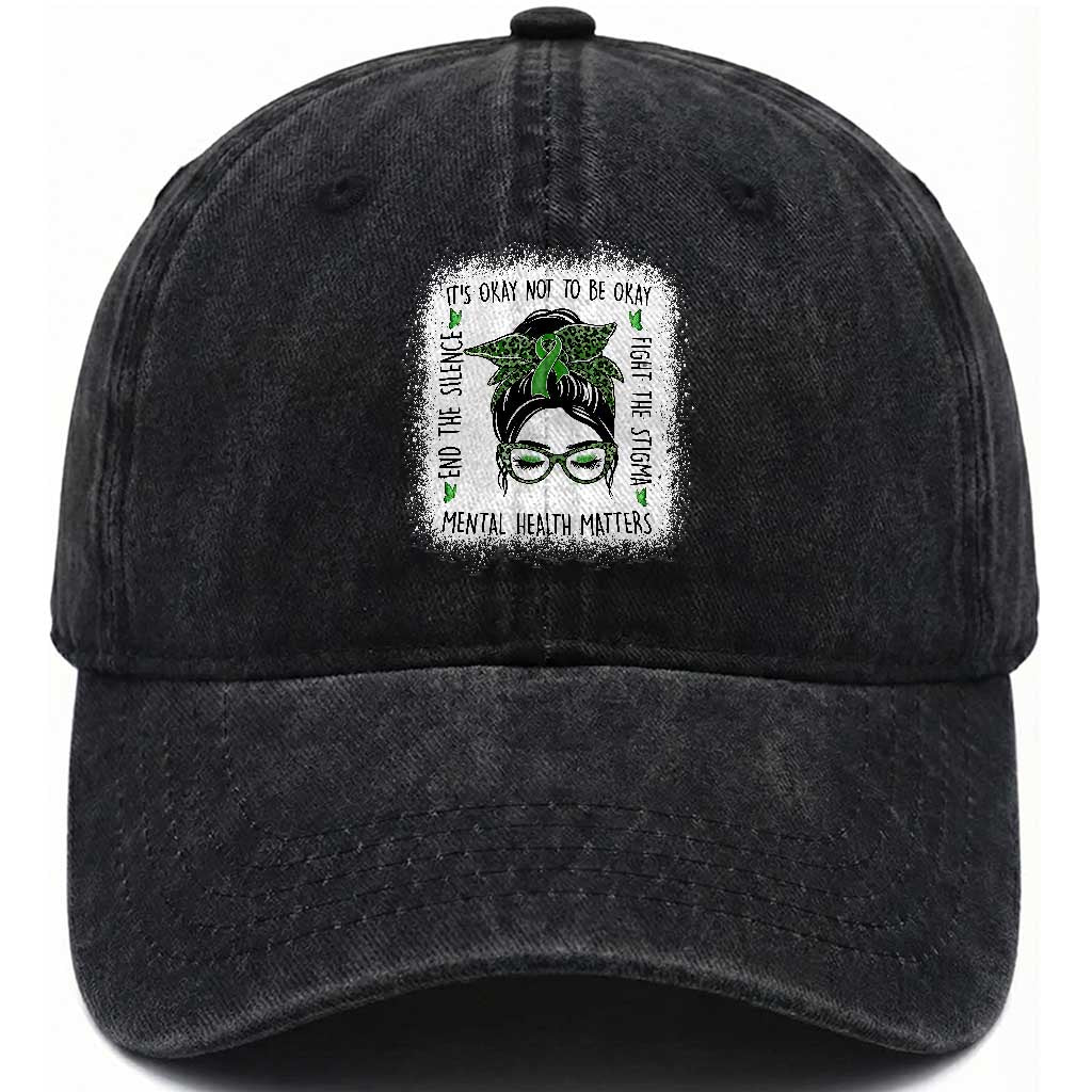 Mental Health Matters Washed Cotton Baseball Cap Messy Bun Green Ribbon Support TS14 Print Your Wear