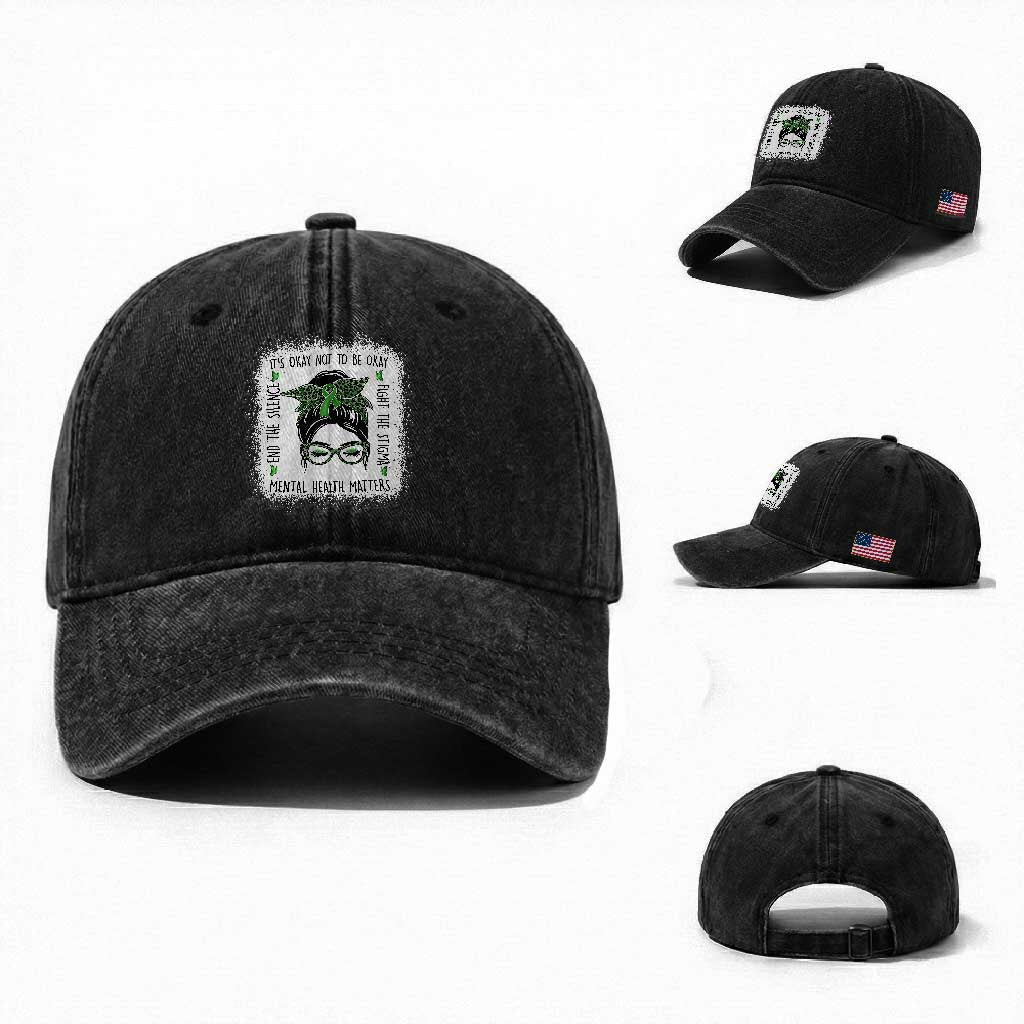 Mental Health Matters Washed Cotton Baseball Cap Messy Bun Green Ribbon Support TS14 Washed Cap Universal Fit Black Print Your Wear