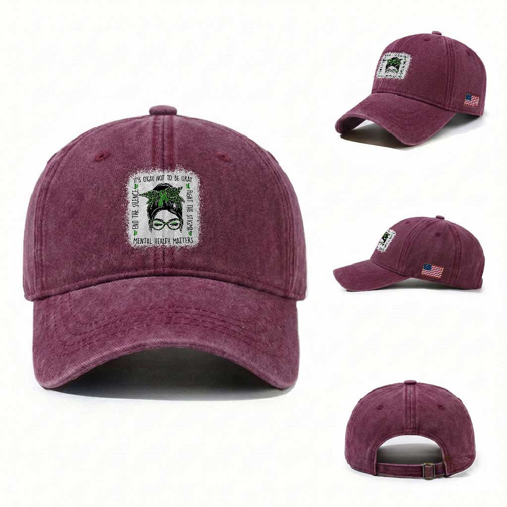 Mental Health Matters Washed Cotton Baseball Cap Messy Bun Green Ribbon Support TS14 Washed Cap Universal Fit Burgundy Print Your Wear