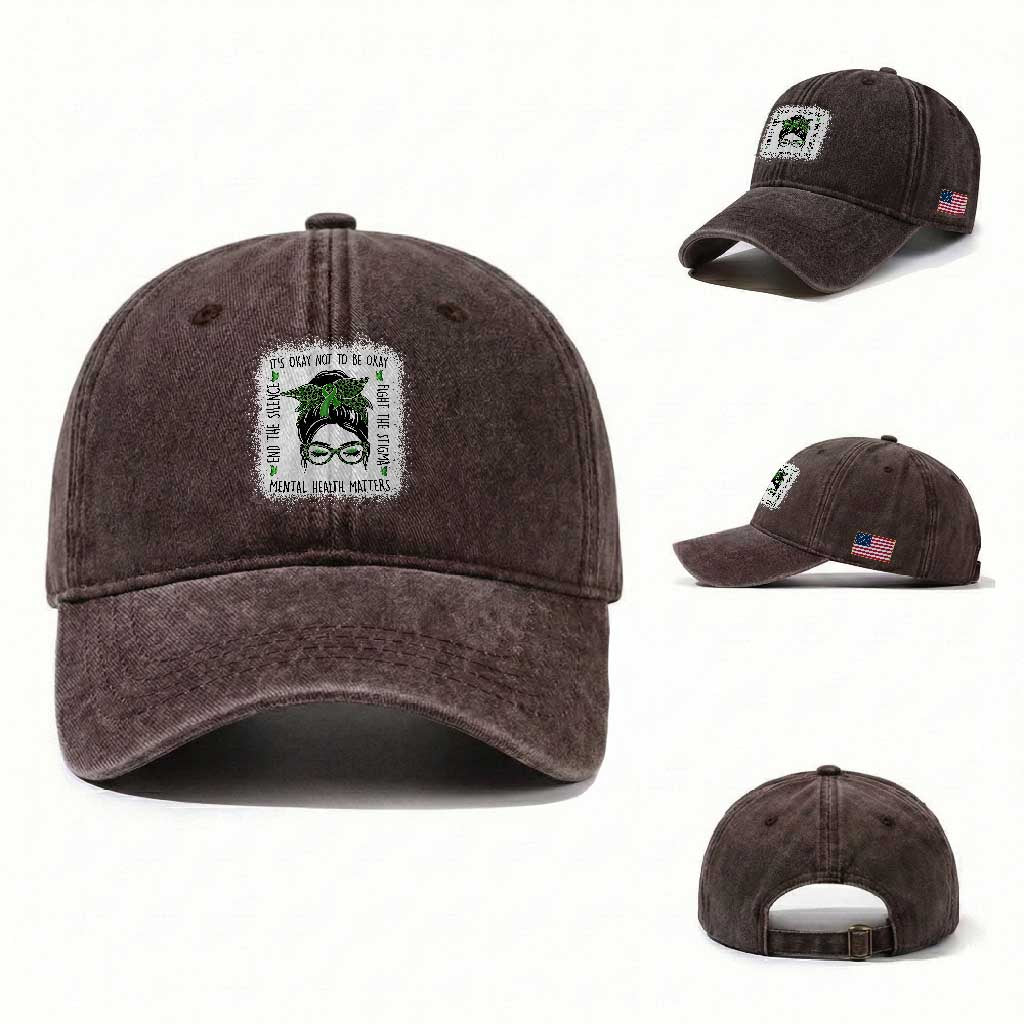 Mental Health Matters Washed Cotton Baseball Cap Messy Bun Green Ribbon Support TS14 Washed Cap Universal Fit Dark Brown Print Your Wear