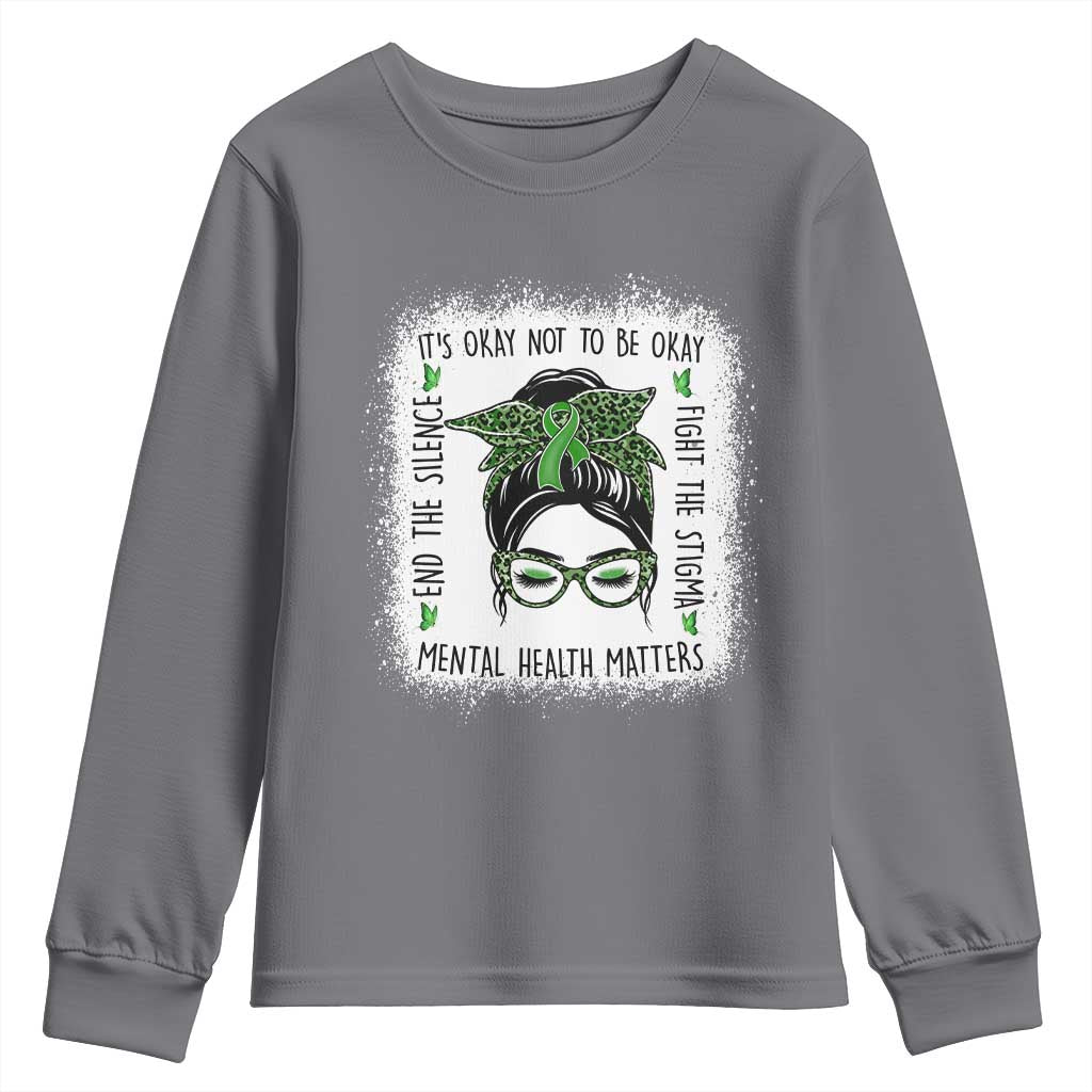 Mental Health Matters Youth Sweatshirt Messy Bun Green Ribbon Support TS14 Charcoal Print Your Wear